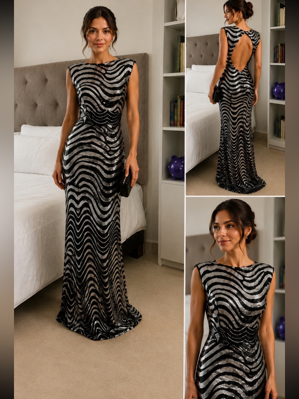 Black & Silver Sequin Wave Maxi Dress -